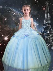 Light Blue Sleeveless Floor Length Beading Lace Up Little Girls Pageant Dress Wholesale