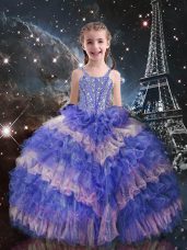 Low Price Lilac Straps Lace Up Beading and Ruffled Layers Little Girl Pageant Gowns Sleeveless
