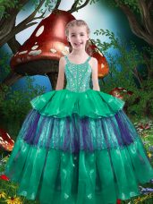 Green Little Girl Pageant Gowns Quinceanera and Wedding Party with Beading and Ruffled Layers Straps Sleeveless Lace Up