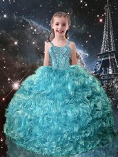 Dramatic Floor Length Lace Up Girls Pageant Dresses Teal for Quinceanera and Wedding Party with Beading and Ruffles