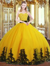 High Quality Floor Length Gold Quinceanera Gowns Organza Sleeveless Beading and Appliques