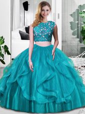 New Style Teal Zipper Quinceanera Gown Lace and Embroidery and Ruffles Sleeveless Floor Length