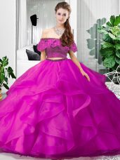 Glorious Floor Length Fuchsia Quince Ball Gowns Off The Shoulder Sleeveless Lace Up