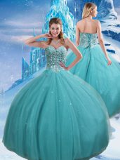 Sleeveless Floor Length Beading and Sequins Lace Up Quince Ball Gowns with Aqua Blue