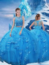 Sexy Scoop Sleeveless 15 Quinceanera Dress Floor Length Beading and Ruffles Baby Blue Tulle