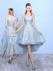 Best Light Blue A-line Scoop Sleeveless Tulle and Printed High Low Zipper Appliques Bridesmaid Gown