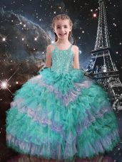 Straps Sleeveless Organza Little Girls Pageant Gowns Beading and Ruffled Layers Lace Up