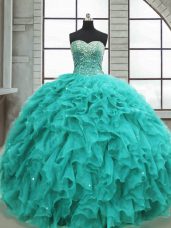 Gorgeous Turquoise Sweetheart Lace Up Beading and Ruffles 15th Birthday Dress Sleeveless