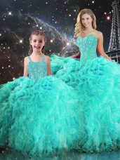 Flare Sweetheart Sleeveless Quince Ball Gowns Floor Length Beading and Ruffles Turquoise Organza