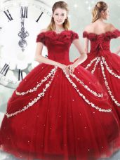 Beauteous Wine Red Lace Up 15 Quinceanera Dress Appliques and Pick Ups Sleeveless Brush Train