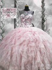 Decent Beading and Ruffles Vestidos de Quinceanera Pink Zipper Sleeveless Floor Length
