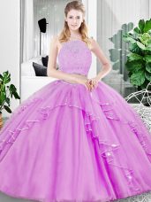 Deluxe Lilac Zipper Quinceanera Gown Lace and Ruffled Layers Sleeveless Floor Length