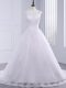 Captivating Zipper Wedding Dresses White for Beach and Wedding Party with Lace and Appliques and Bowknot Brush Train