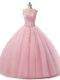 Floor Length Lace Up Ball Gown Prom Dress Baby Pink for Military Ball and Sweet 16 and Quinceanera with Beading and Lace