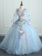 Great Light Blue Lace Up V-neck Appliques and Hand Made Flower Sweet 16 Dresses Tulle Long Sleeves