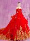 Luxury Court Train Ball Gowns 15 Quinceanera Dress Red Off The Shoulder Tulle Sleeveless Lace Up