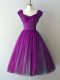 Exquisite Purple Lace Up Dama Dress for Quinceanera Ruching Cap Sleeves Knee Length