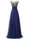 High Class Blue Sleeveless Floor Length Lace and Appliques and Ruching Zipper Prom Evening Gown