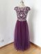 Eggplant Purple Scoop Zipper Beading Dress for Prom Short Sleeves