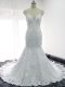 Fine Lace Straps Cap Sleeves Backless Beading and Lace and Appliques Wedding Dresses in White