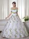 Great White Lace Up Off The Shoulder Embroidery Quince Ball Gowns Organza Short Sleeves