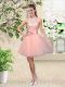 Glamorous Peach A-line Halter Top Sleeveless Tulle Knee Length Lace Up Lace and Belt Dama Dress