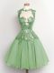 Green A-line Chiffon High-neck Sleeveless Lace Knee Length Lace Up Bridesmaid Gown