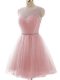 Dramatic Pink Tulle Lace Up Scoop Sleeveless Mini Length Beading and Ruching