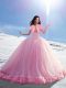 Tulle Off The Shoulder Sleeveless Brush Train Lace Up Hand Made Flower Sweet 16 Quinceanera Dress in Baby Pink