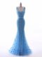 Sleeveless Tulle Floor Length Zipper Formal Evening Gowns in Baby Blue with Beading and Belt and Hand Made Flower