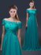 Modest Off The Shoulder Short Sleeves Mother Of The Bride Dress Floor Length Appliques Teal Chiffon