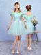 Discount A-line Dama Dress for Quinceanera Aqua Blue Off The Shoulder Tulle Cap Sleeves Mini Length Lace Up