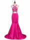 Hot Pink Mermaid V-neck Sleeveless Elastic Woven Satin Brush Train Backless Beading Red Carpet Gowns