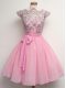 Cap Sleeves Knee Length Lace and Belt Lace Up Quinceanera Court of Honor Dress with Rose Pink