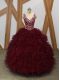 Floor Length Ball Gowns Sleeveless Burgundy Quinceanera Gown Backless