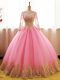 Unique Pink Ball Gowns Organza Scoop Long Sleeves Appliques Floor Length Lace Up Quinceanera Gowns