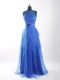 Luxury Blue Empire Scoop Sleeveless Tulle Floor Length Zipper Beading and Ruffled Layers and Belt Prom Evening Gown