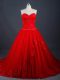Amazing Lace Up Wedding Dress Red for Wedding Party with Appliques Brush Train