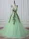 Glittering Apple Green A-line Tulle V-neck Sleeveless Belt and Hand Made Flower Lace Up Evening Dress Court Train