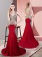 New Style Wine Red Prom Dress Elastic Woven Satin Brush Train Sleeveless Beading