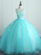 Most Popular Aqua Blue Ball Gowns V-neck Sleeveless Organza Floor Length Lace Up Appliques 15th Birthday Dress