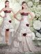 Fantastic Embroidery and Ruffles and Hand Made Flower Wedding Gowns White And Red Backless Sleeveless Brush Train