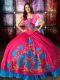 Floor Length Lace Up Vestidos de Quinceanera Hot Pink for Military Ball and Sweet 16 and Quinceanera with Embroidery