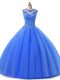 Fitting Floor Length Blue Quinceanera Gowns Scoop Sleeveless Lace Up