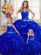 Sophisticated Royal Blue Lace Up Strapless Beading and Ruffles Quince Ball Gowns Organza Sleeveless