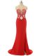 Great Red Backless Prom Homecoming Dress Beading Sleeveless Brush Train