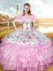 Rose Pink Sleeveless Floor Length Embroidery and Ruffled Layers Lace Up Quinceanera Dress