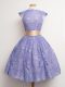 New Style Lavender Cap Sleeves Knee Length Belt Lace Up Bridesmaid Dress