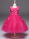 Sleeveless Knee Length Appliques and Bowknot Zipper Little Girl Pageant Dress with Hot Pink