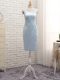 Cheap Light Blue Column/Sheath Satin Straps Sleeveless Lace and Appliques Mini Length Zipper Mother of Bride Dresses